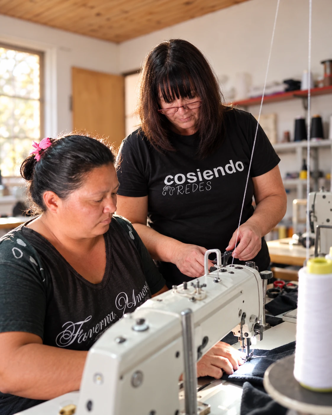 Una docente acompaña a una alumna mientras aprende a usar una máquina de coser